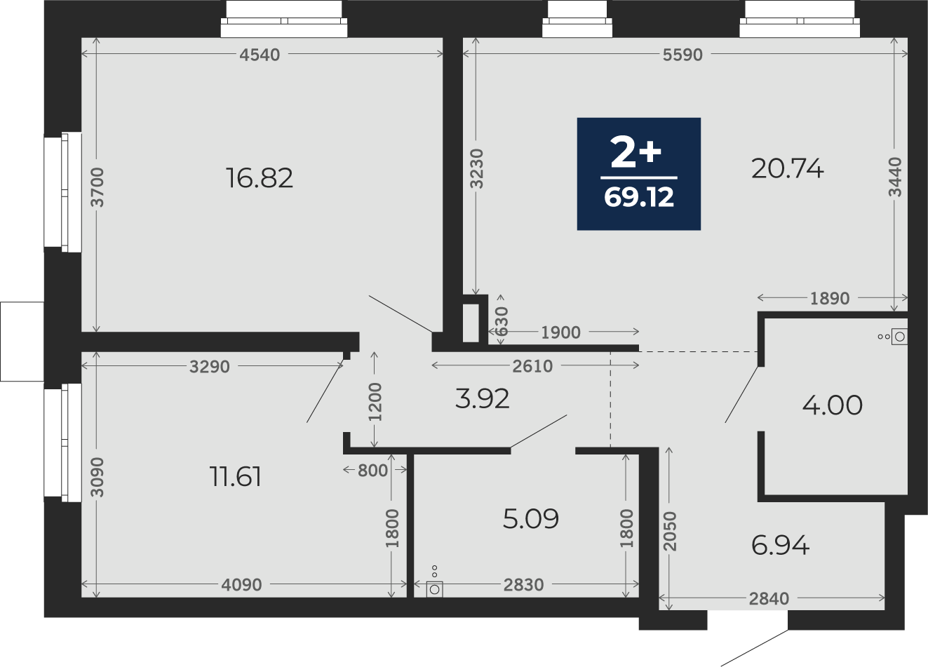 Квартира № 2, 2-комнатная, 69.12 кв. м, 1 этаж