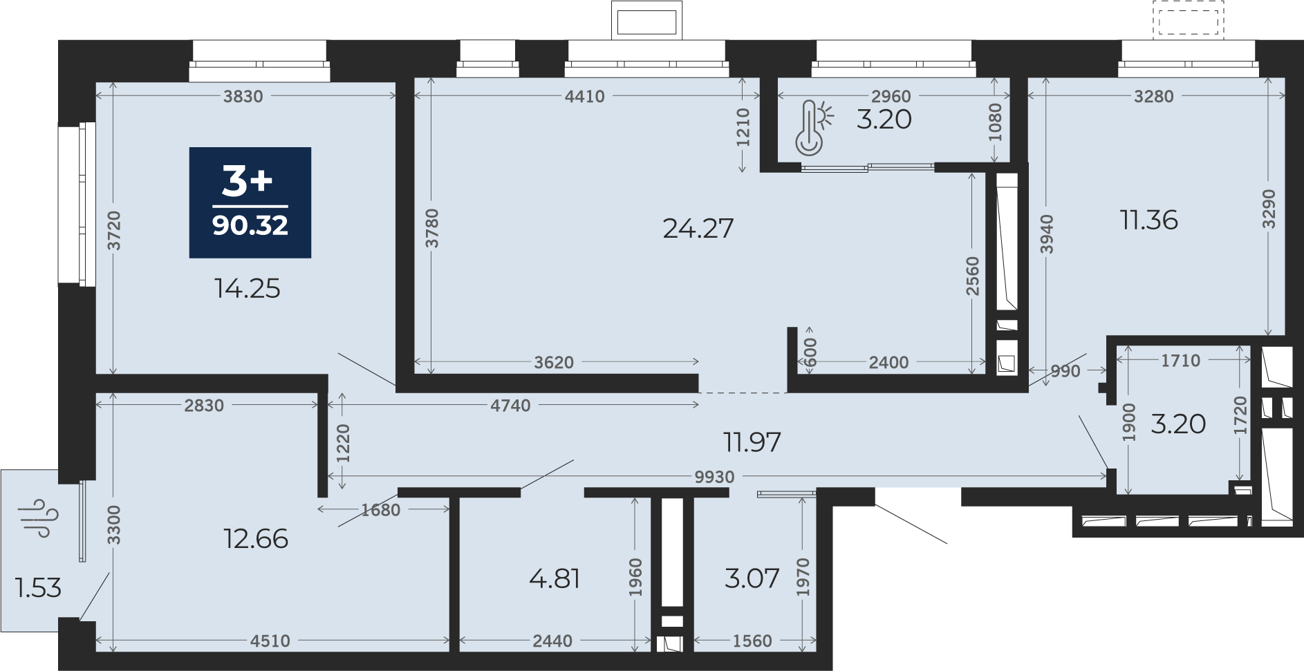 Квартира № 373, 3-комнатная, 90.32 кв. м, 13 этаж