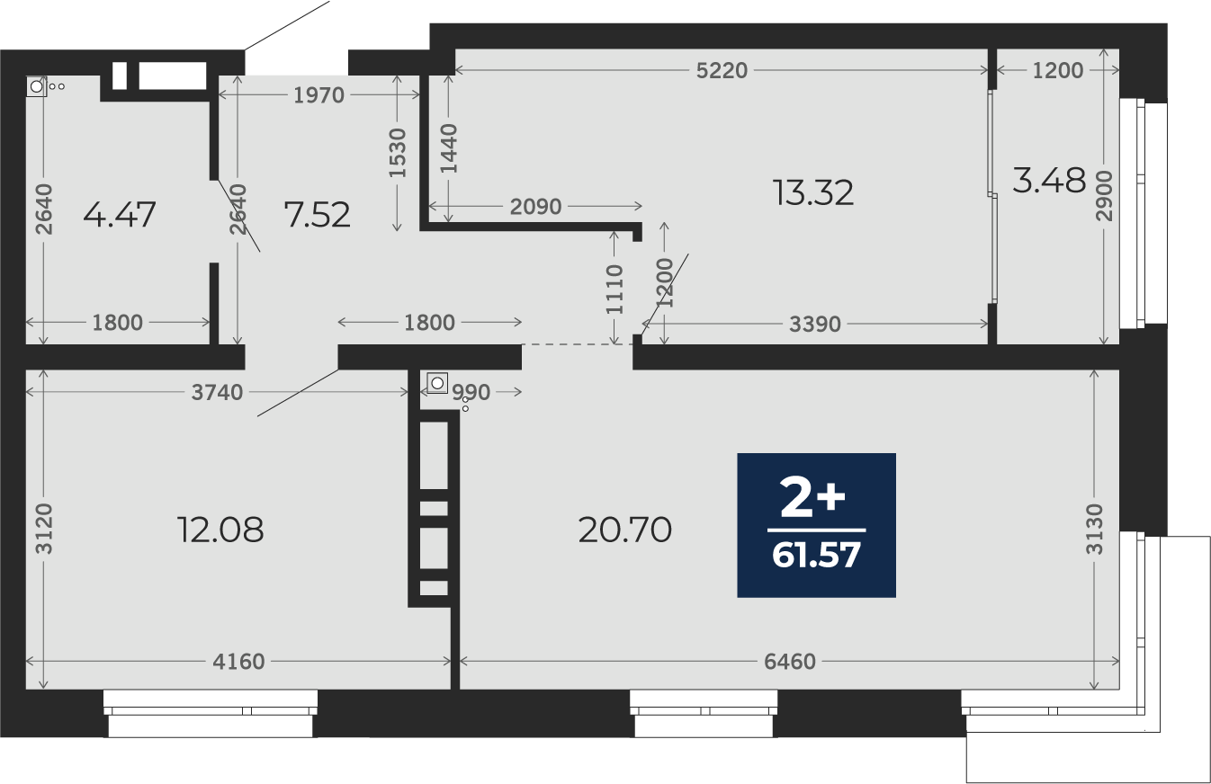 Квартира № 332, 2-комнатная, 61.57 кв. м, 4 этаж