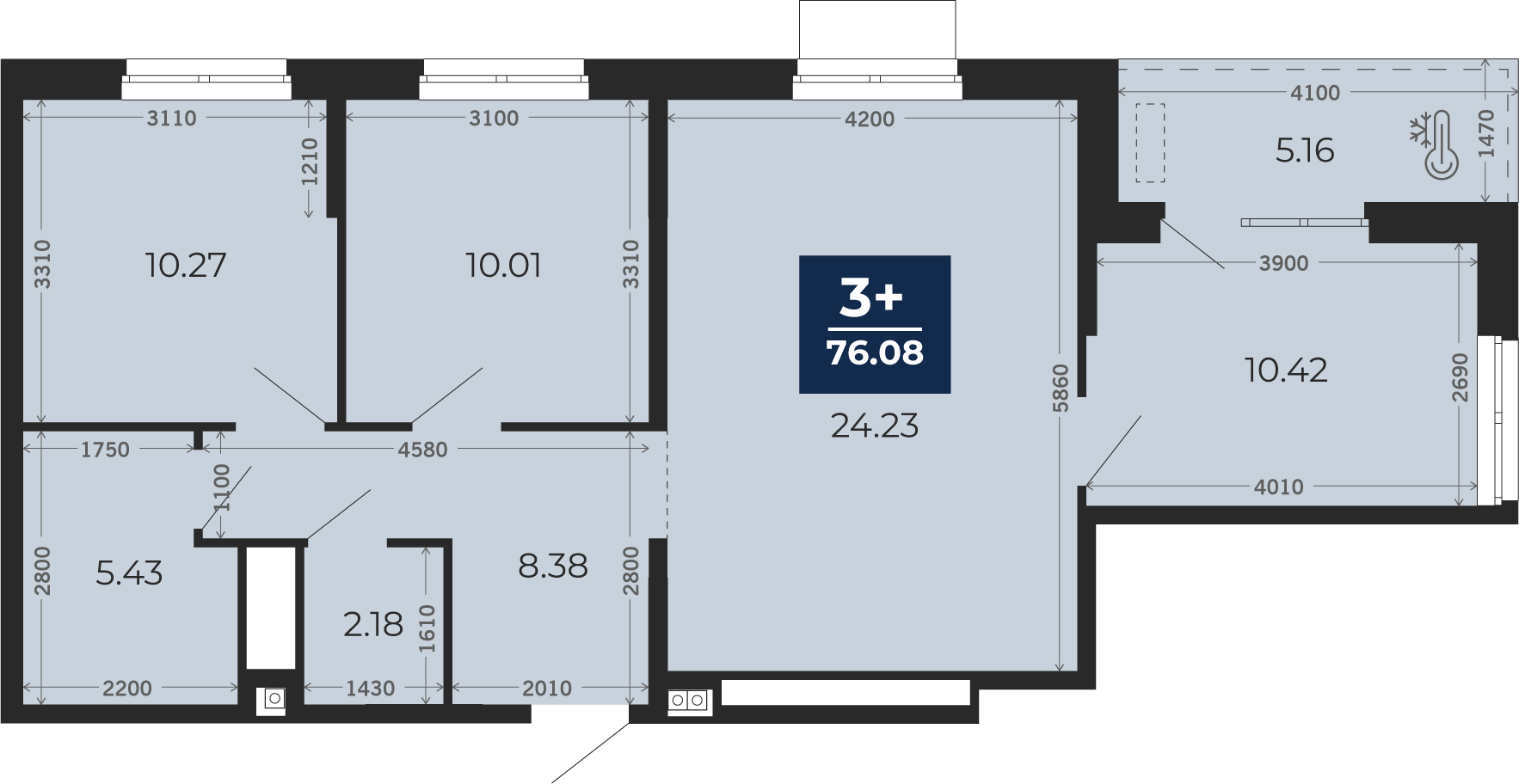 Квартира № 206, 3-комнатная, 76.08 кв. м, 13 этаж