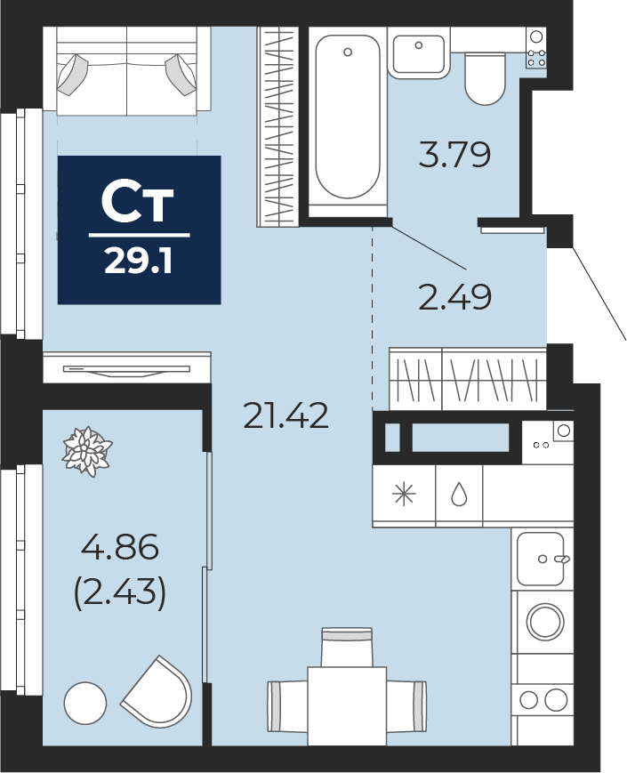 Квартира № 74, Студия, 29.1 кв. м, 2 этаж