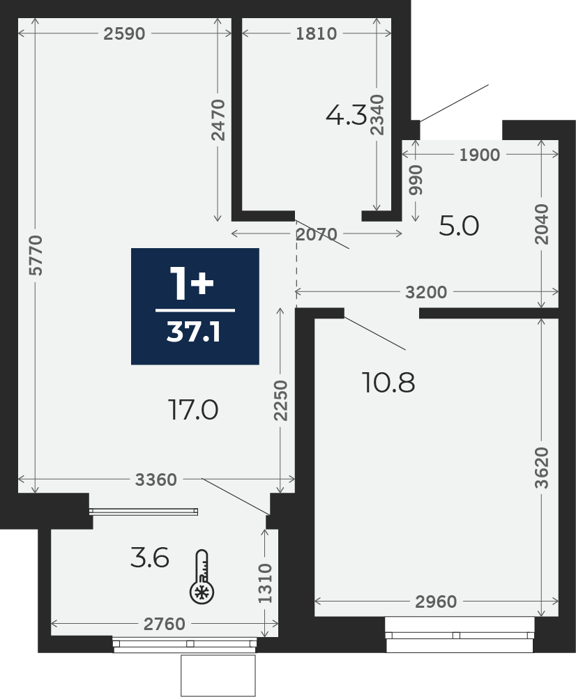 Квартира № 36, 1-комнатная, 41.2 кв. м, 6 этаж