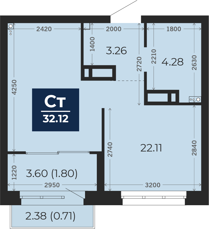 Квартира № 573, Студия, 32.12 кв. м, 6 этаж