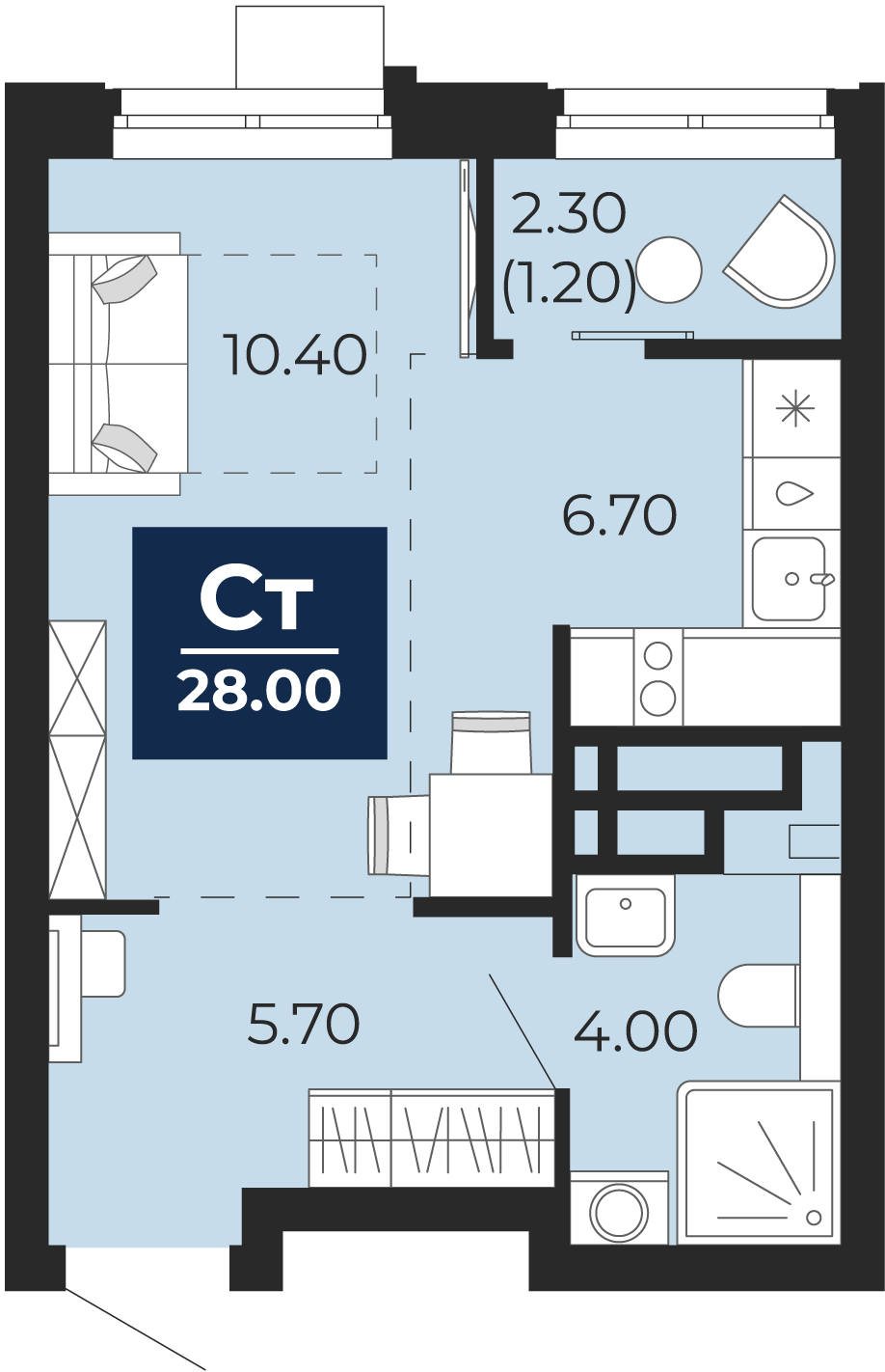 Квартира № 114, Студия, 28 кв. м, 4 этаж