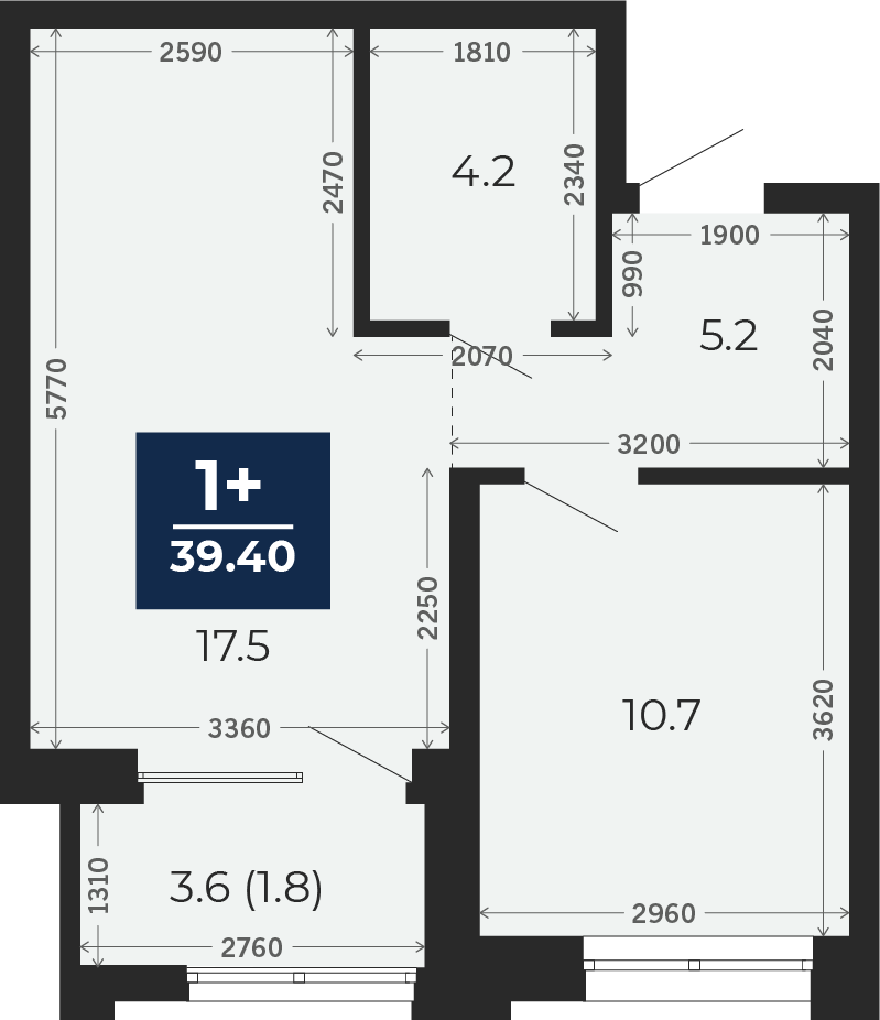 Квартира № 4, 1-комнатная, 39.4 кв. м, 2 этаж