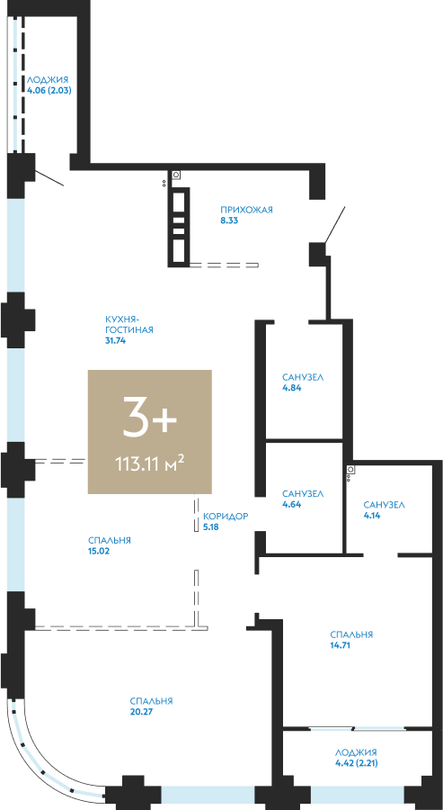 Квартира № 369, 3-комнатная, 113.11 кв. м, 2 этаж