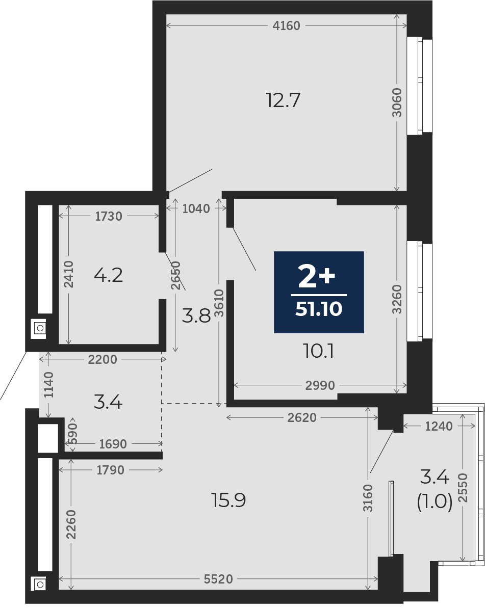 Квартира № 345, 2-комнатная, 51.1 кв. м, 13 этаж