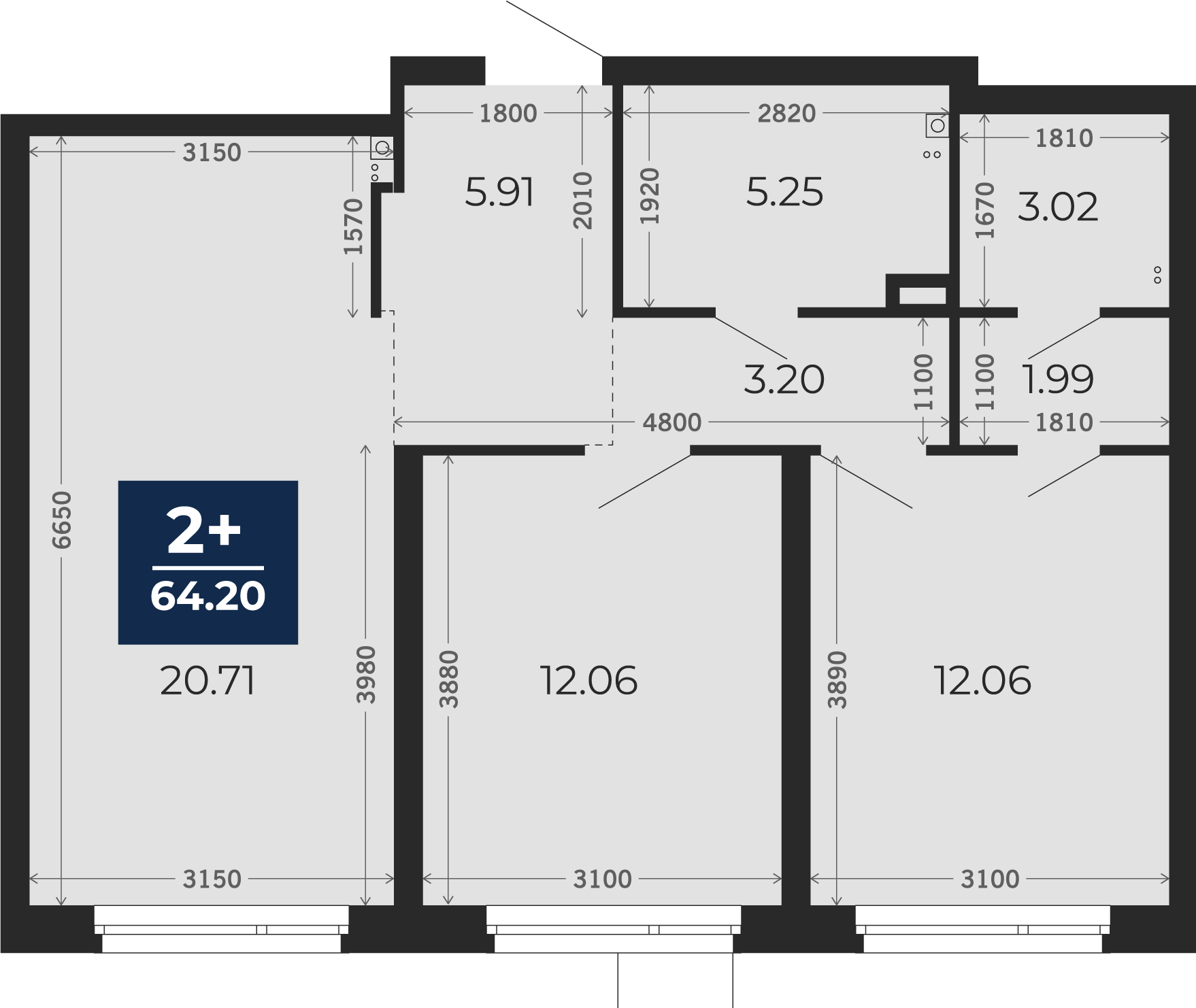 Квартира № 3, 2-комнатная, 64.2 кв. м, 1 этаж