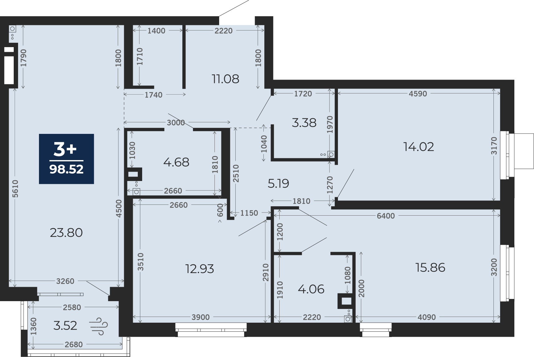 Квартира № 6, 3-комнатная, 98.52 кв. м, 2 этаж
