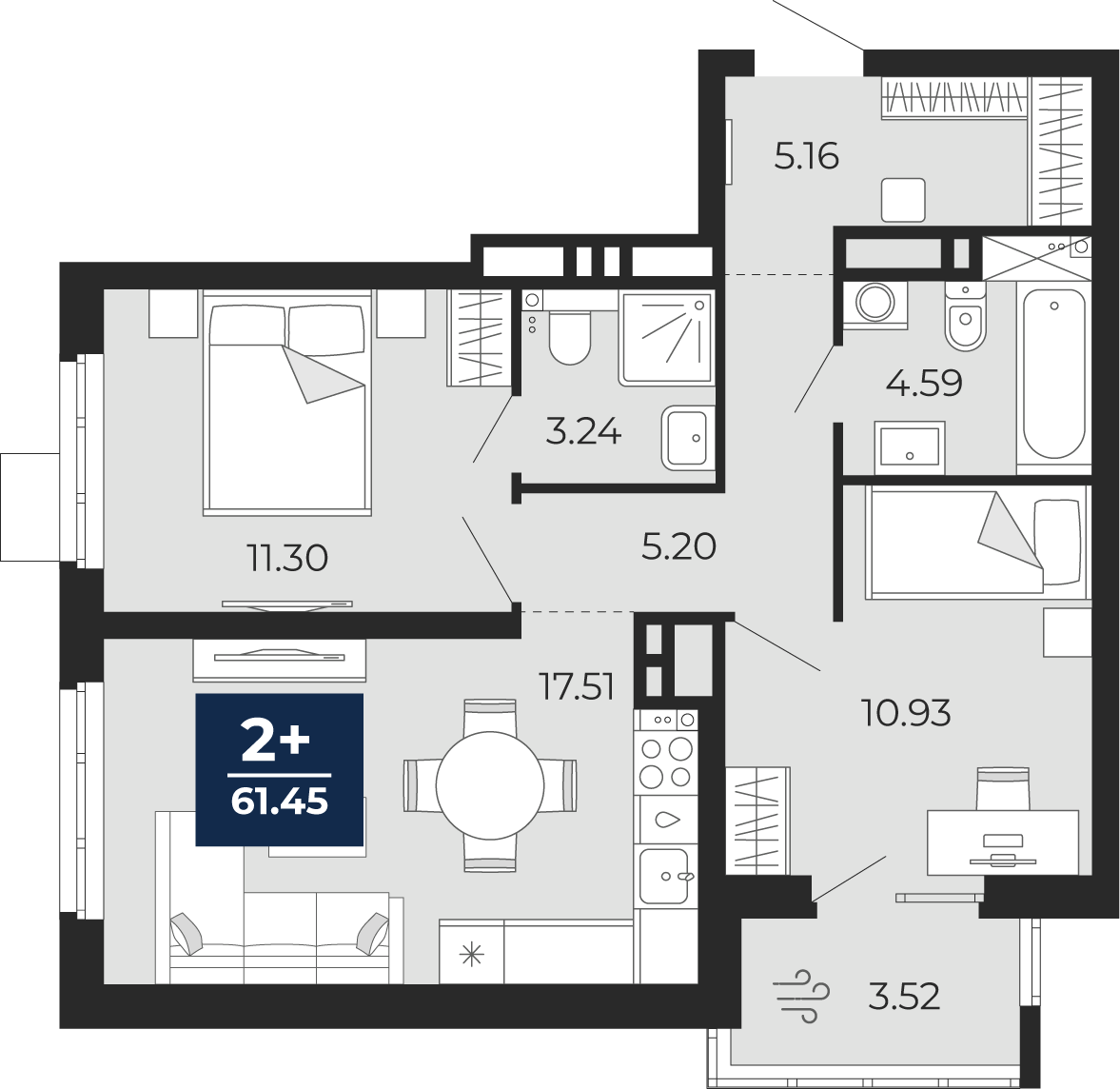 Планировка: Евротрешка 61.5 м² в ЖК Прео, Тюменская слобода