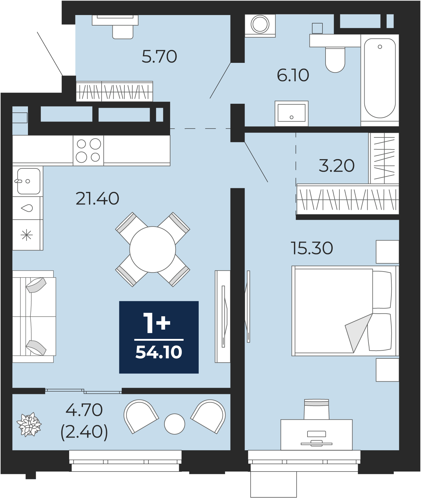 Квартира № 221, 1-комнатная, 54.1 кв. м, 19 этаж