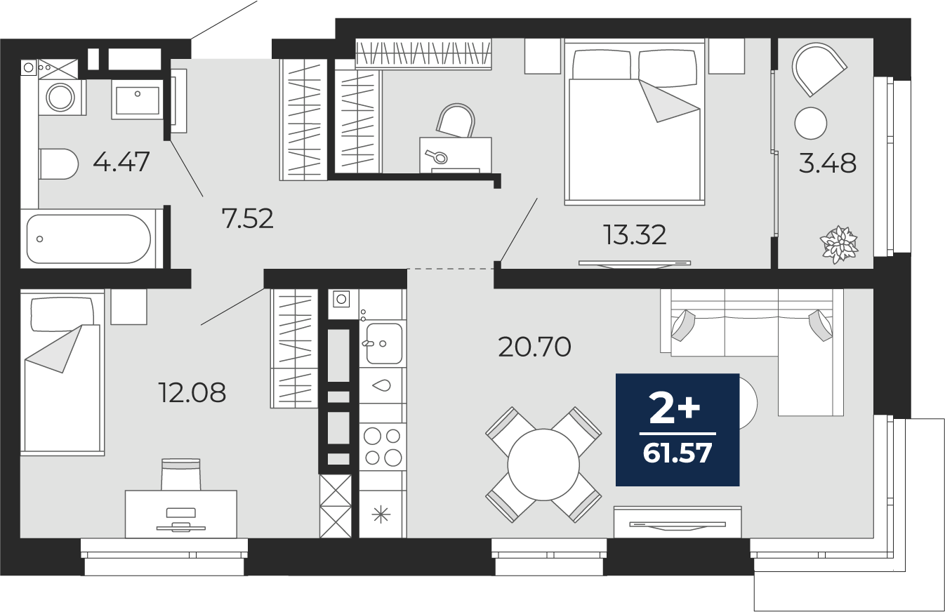 Квартира № 332, 2-комнатная, 61.57 кв. м, 4 этаж