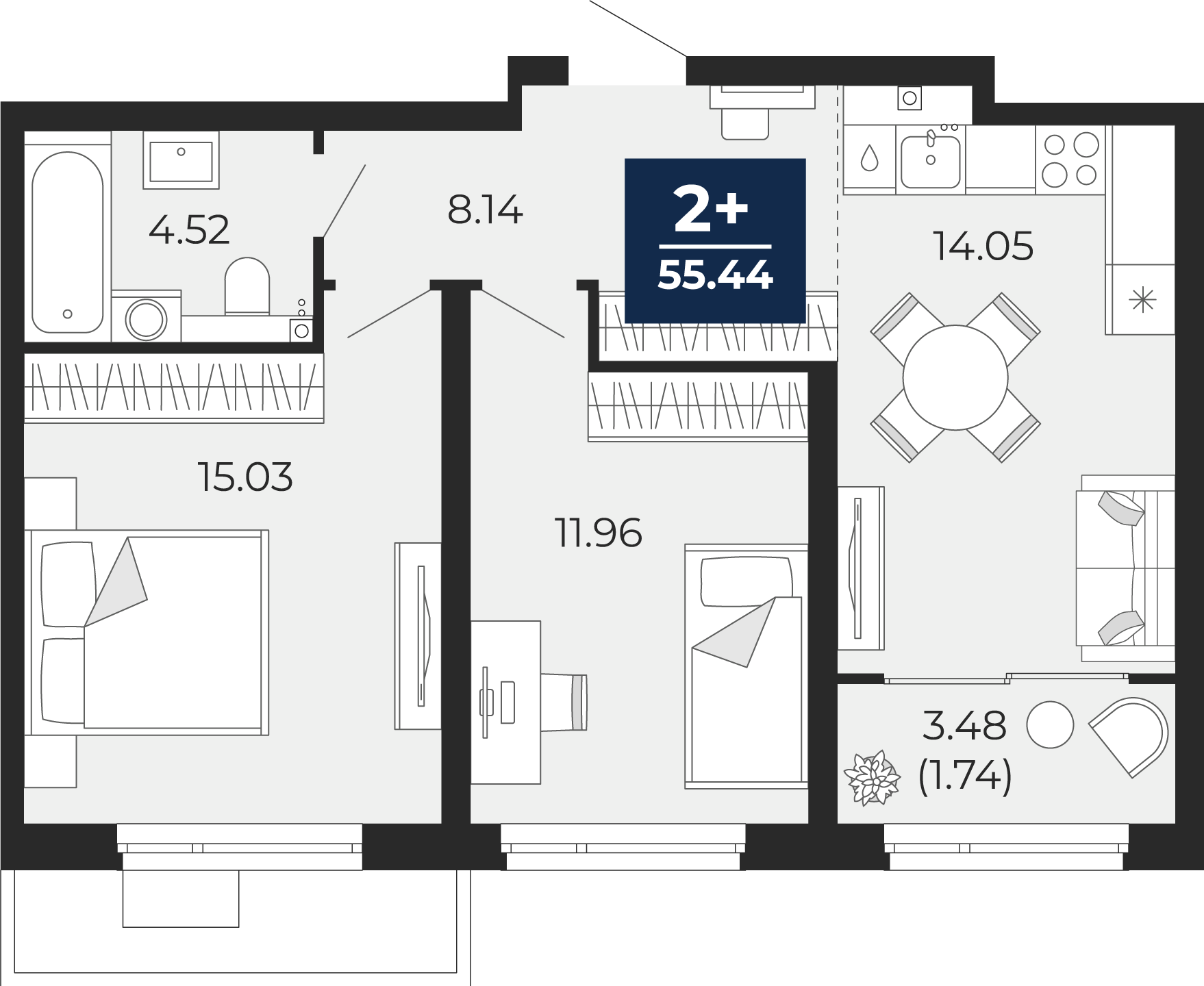 Квартира № 127, 2-комнатная, 55.44 кв. м, 2 этаж