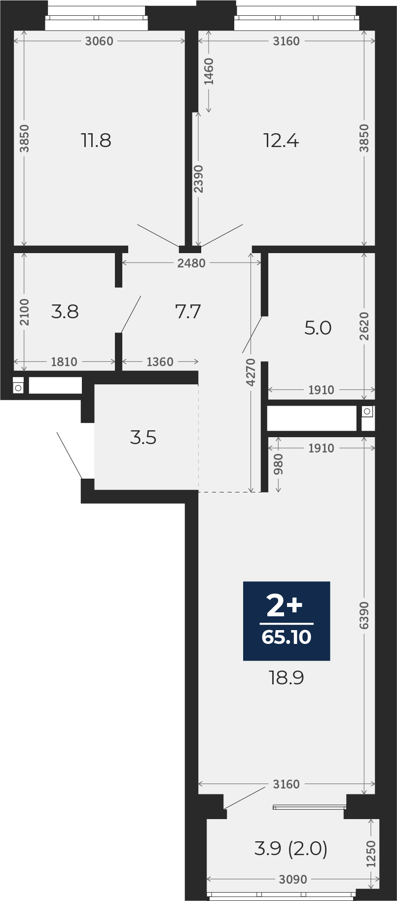Квартира № 207, 2-комнатная, 67 кв. м, 16 этаж