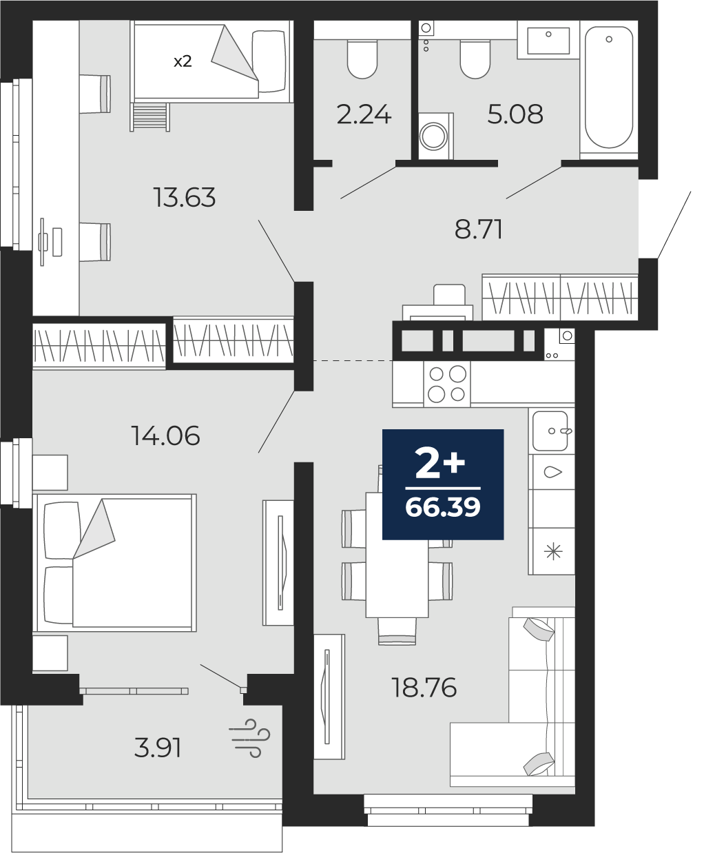 Квартира № 5, 2-комнатная, 66.39 кв. м, 2 этаж