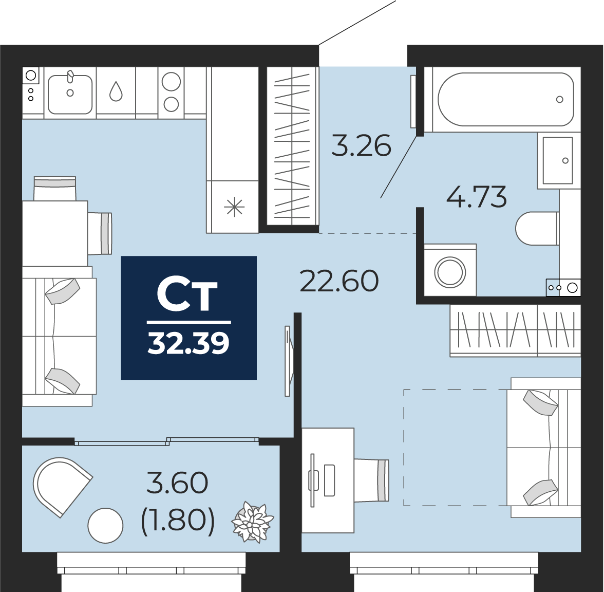 Квартира № 553, Студия, 34.19 кв. м, 2 этаж