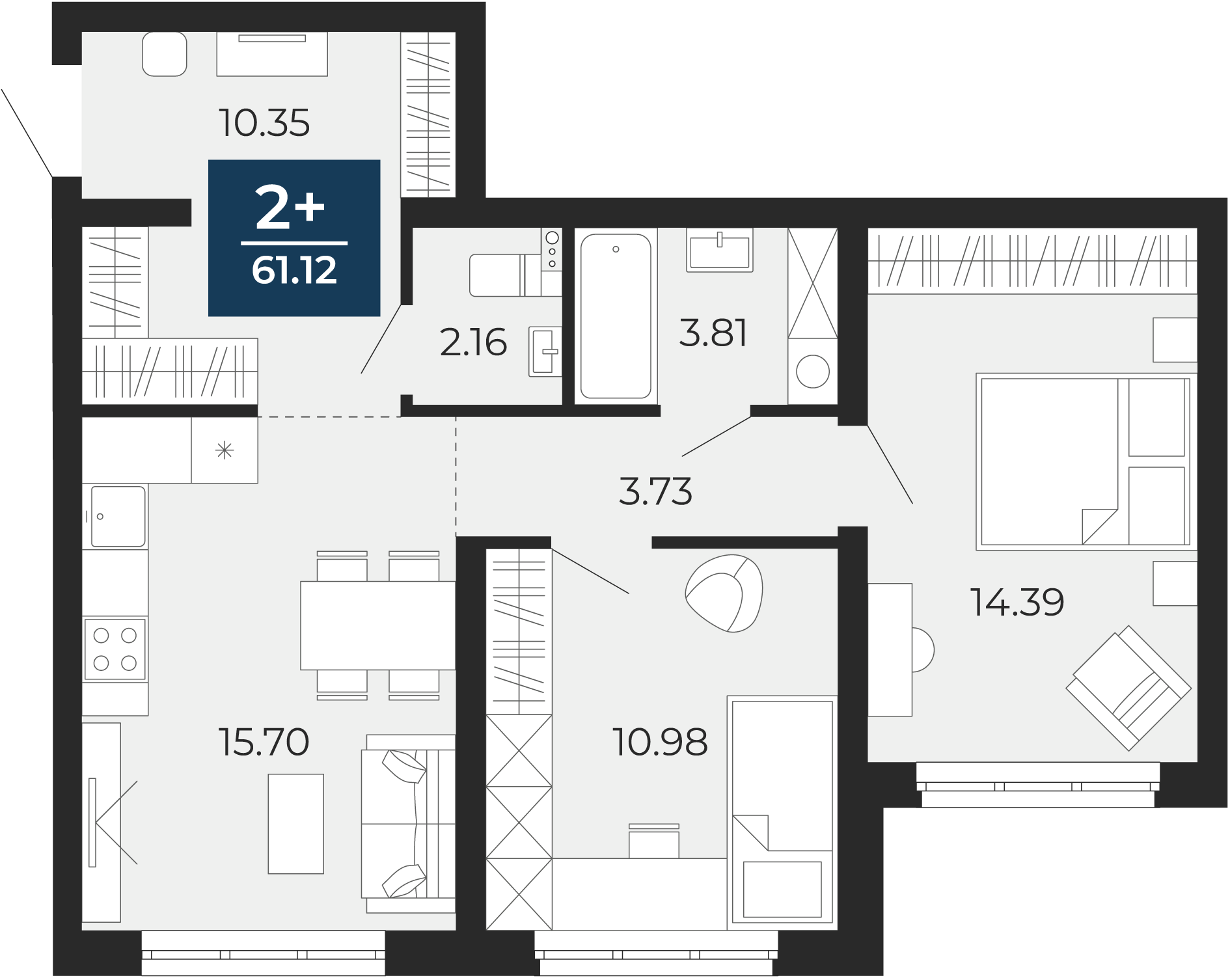 Квартира № 1, 2-комнатная, 61.12 кв. м, 1 этаж