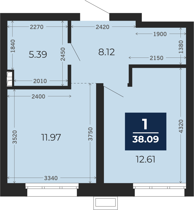Квартира № 3, 1-комнатная, 38.09 кв. м, 1 этаж