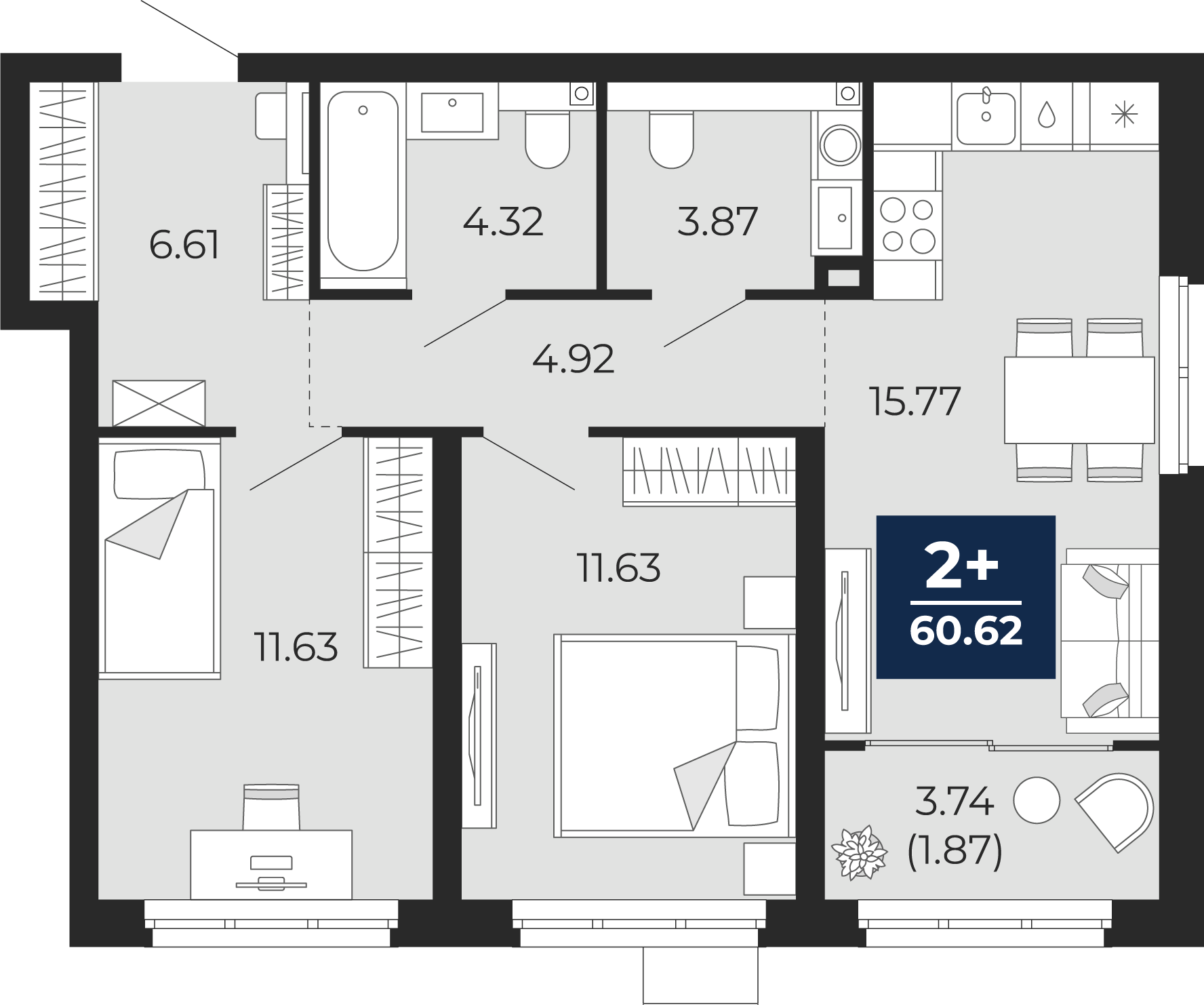 Квартира № 89, 2-комнатная, 60.62 кв. м, 1 этаж