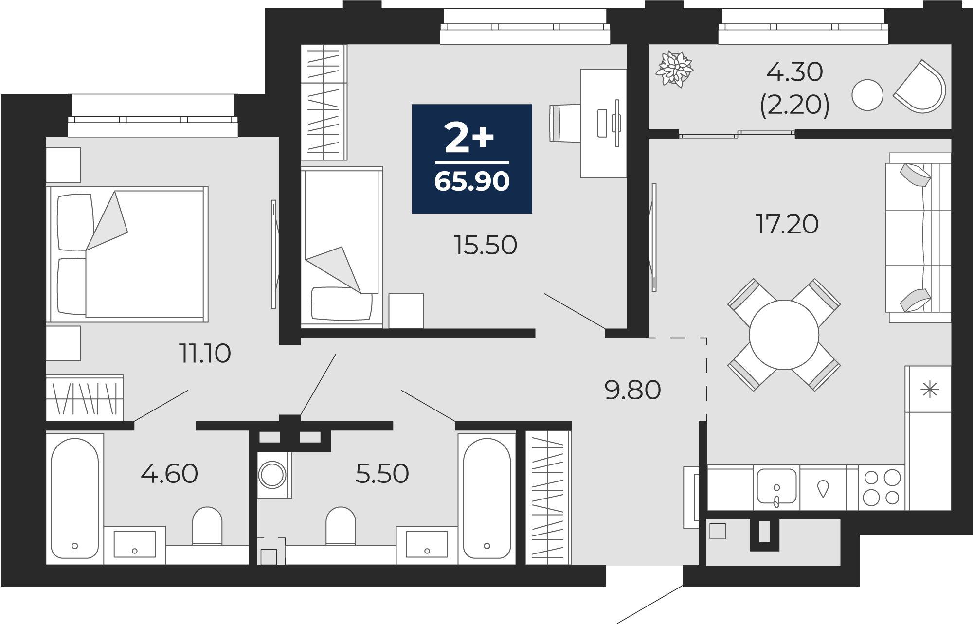 Квартира № 257, 2-комнатная, 65.9 кв. м, 2 этаж