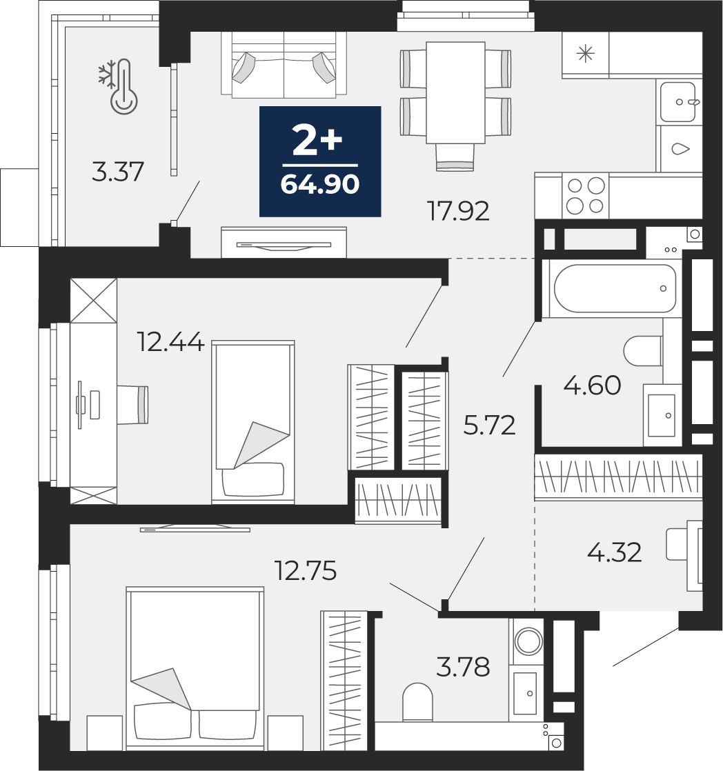 Квартира № 94, 2-комнатная, 64.9 кв. м, 2 этаж