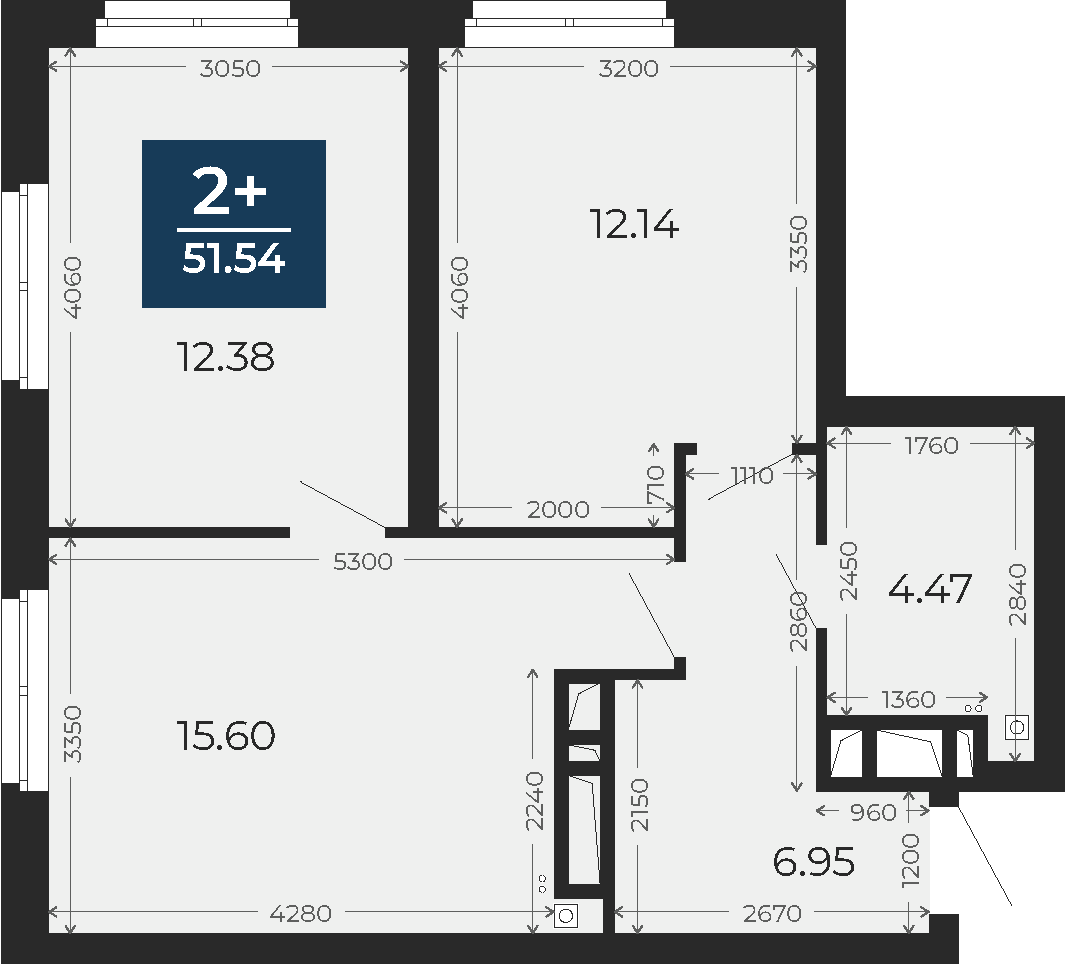 Квартира № 282, 2-комнатная, 51.54 кв. м, 22 этаж