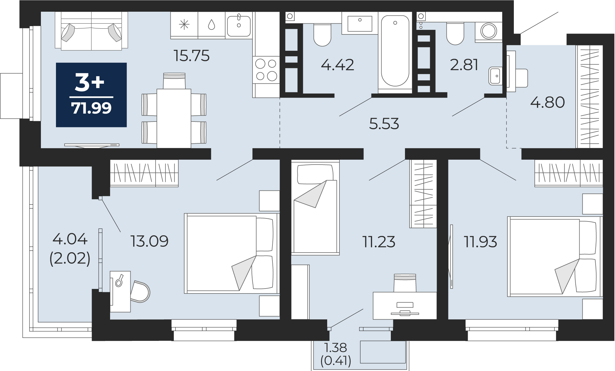 Квартира № 398, 3-комнатная, 71.99 кв. м, 13 этаж