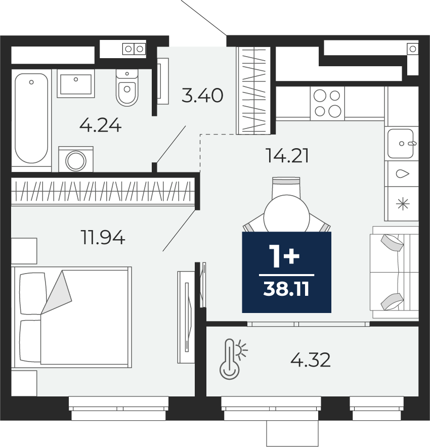 Планировка: Евродвушка 38.1 м² в ЖК Мириады, Мыс