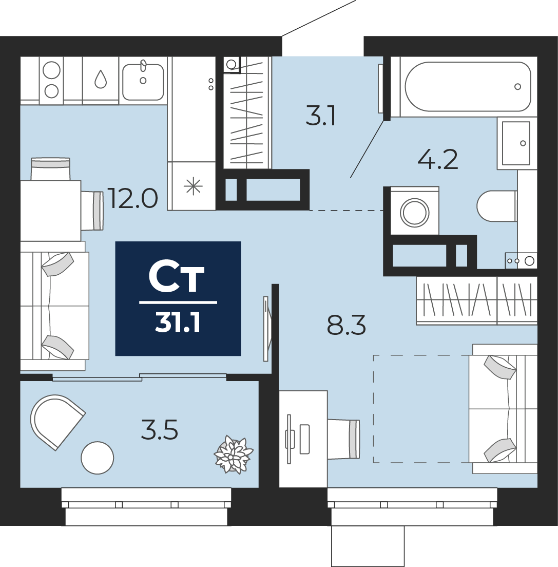 Квартира № 45, Студия, 31.85 кв. м, 10 этаж