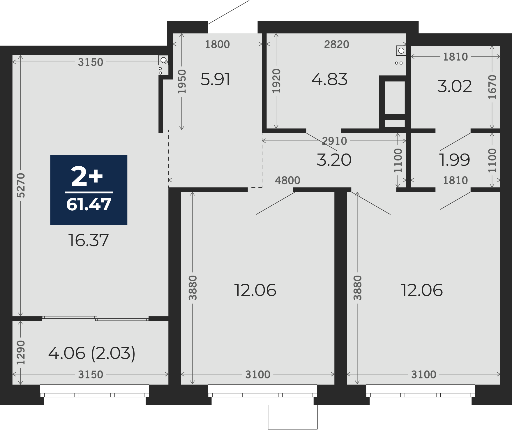 Квартира № 185, 2-комнатная, 61.47 кв. м, 13 этаж