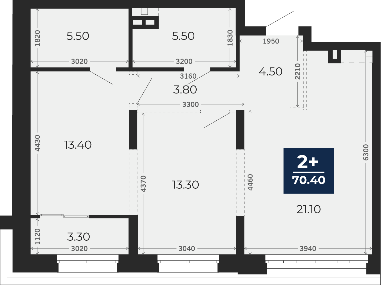 Квартира № 360, 2-комнатная, 70.4 кв. м, 2 этаж