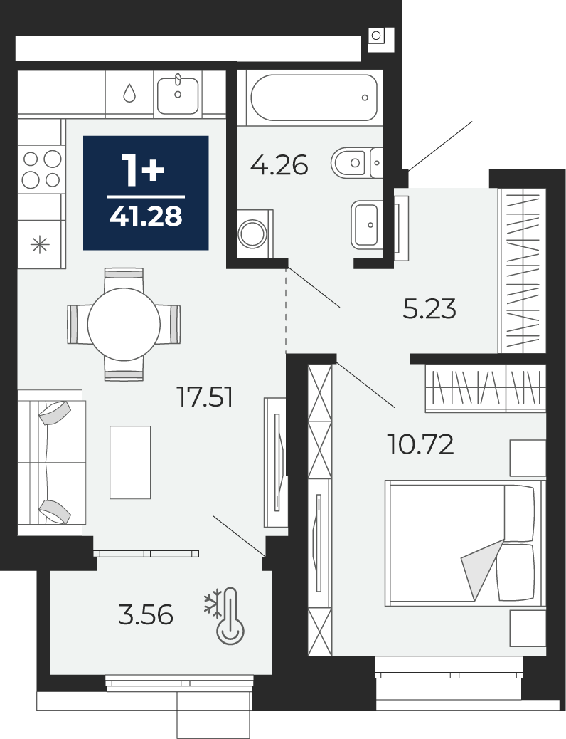 Квартира № 4, 1-комнатная, 41.28 кв. м, 2 этаж
