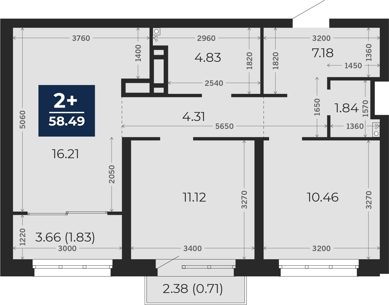 Квартира № 273, 2-комнатная, 58.49 кв. м, 8 этаж