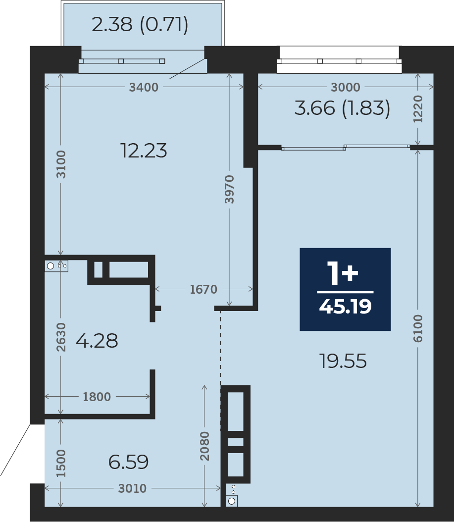 Квартира № 317, 1-комнатная, 45.19 кв. м, 14 этаж