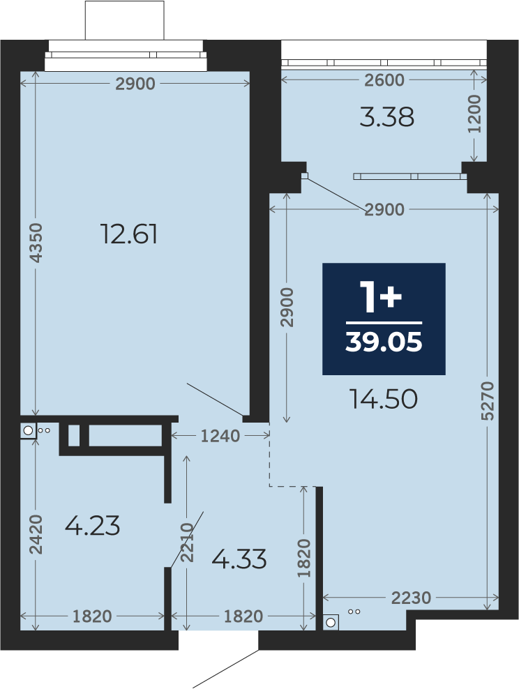Квартира № 182, 1-комнатная, 39.05 кв. м, 8 этаж