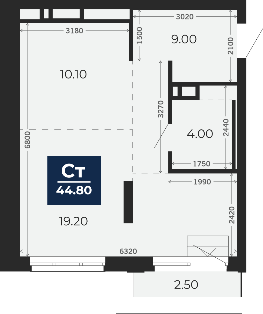 Квартира № 346, Студия, 44.8 кв. м, 17 этаж