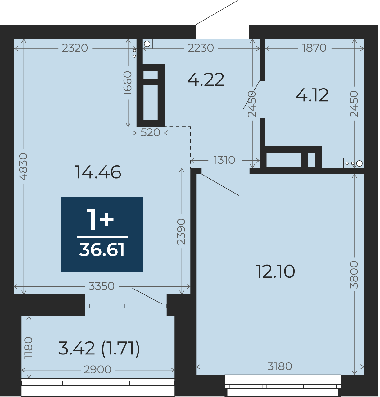 Квартира № 220, 1-комнатная, 36.61 кв. м, 8 этаж