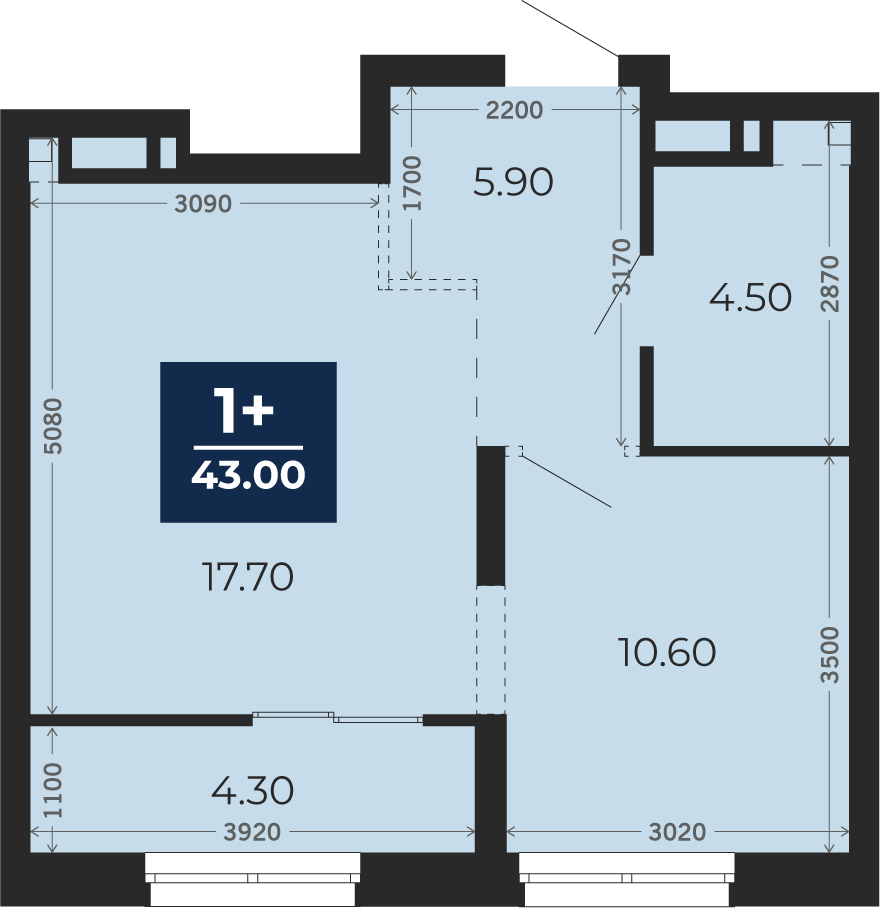 Квартира № 404, 1-комнатная, 43 кв. м, 11 этаж