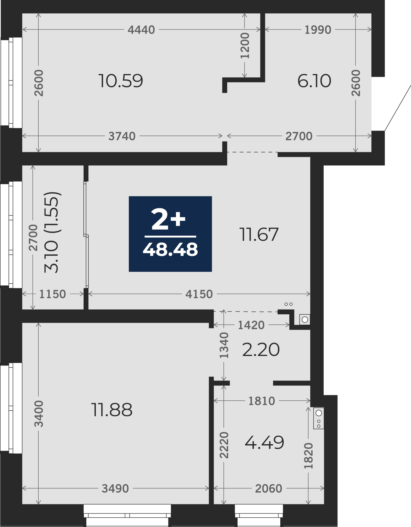 Квартира № 88, 2-комнатная, 48.48 кв. м, 9 этаж