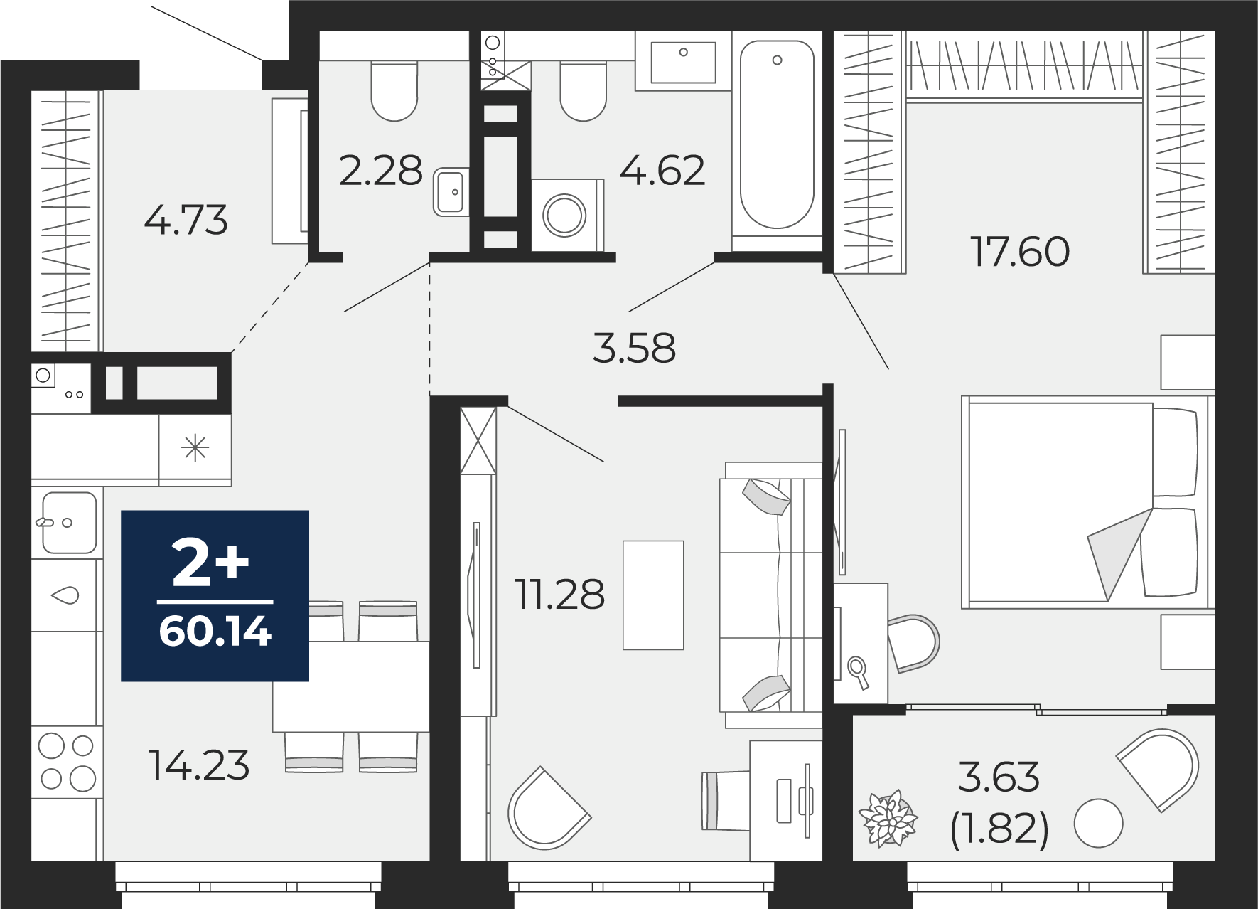 Квартира № 152, 2-комнатная, 60.14 кв. м, 2 этаж