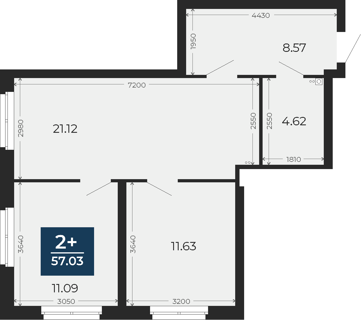 Квартира № 266, 2-комнатная, 57.03 кв. м, 20 этаж