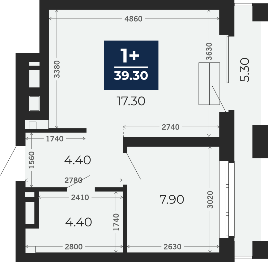 Квартира № 387, 1-комнатная, 39.3 кв. м, 17 этаж