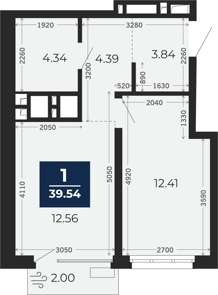 Квартира № 61, 1-комнатная, 39.54 кв. м, 9 этаж