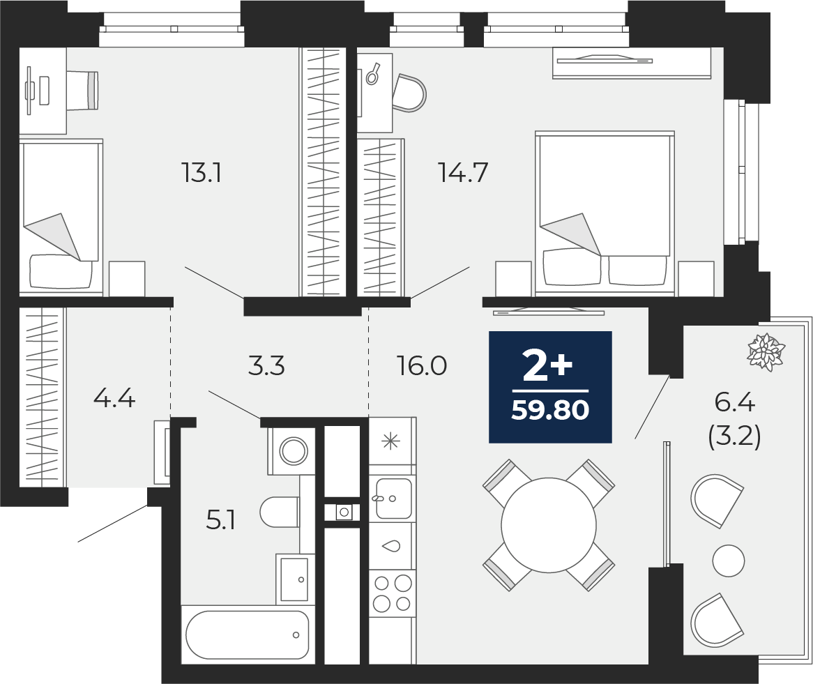 Планировка: Евротрешка 63 м² в ЖК Мириады, Мыс