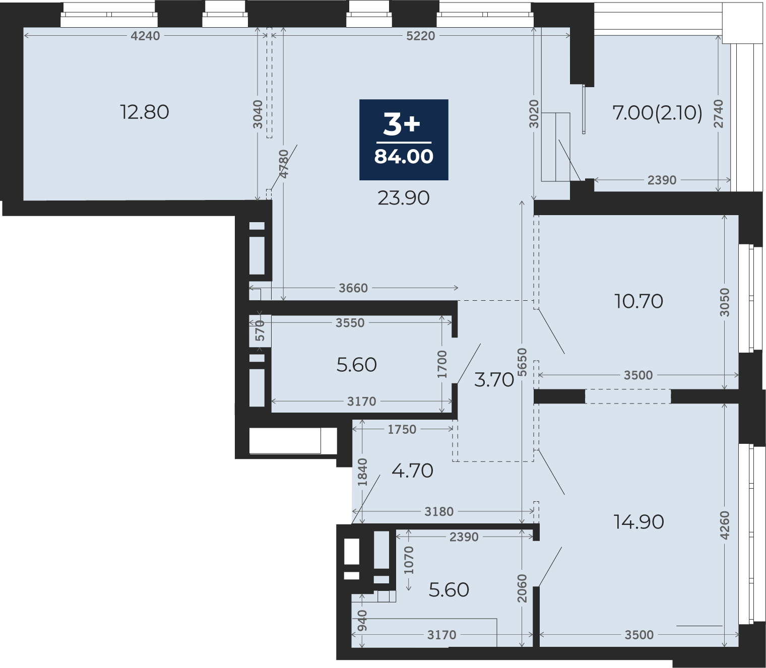 Квартира № 108, 3-комнатная, 84 кв. м, 13 этаж