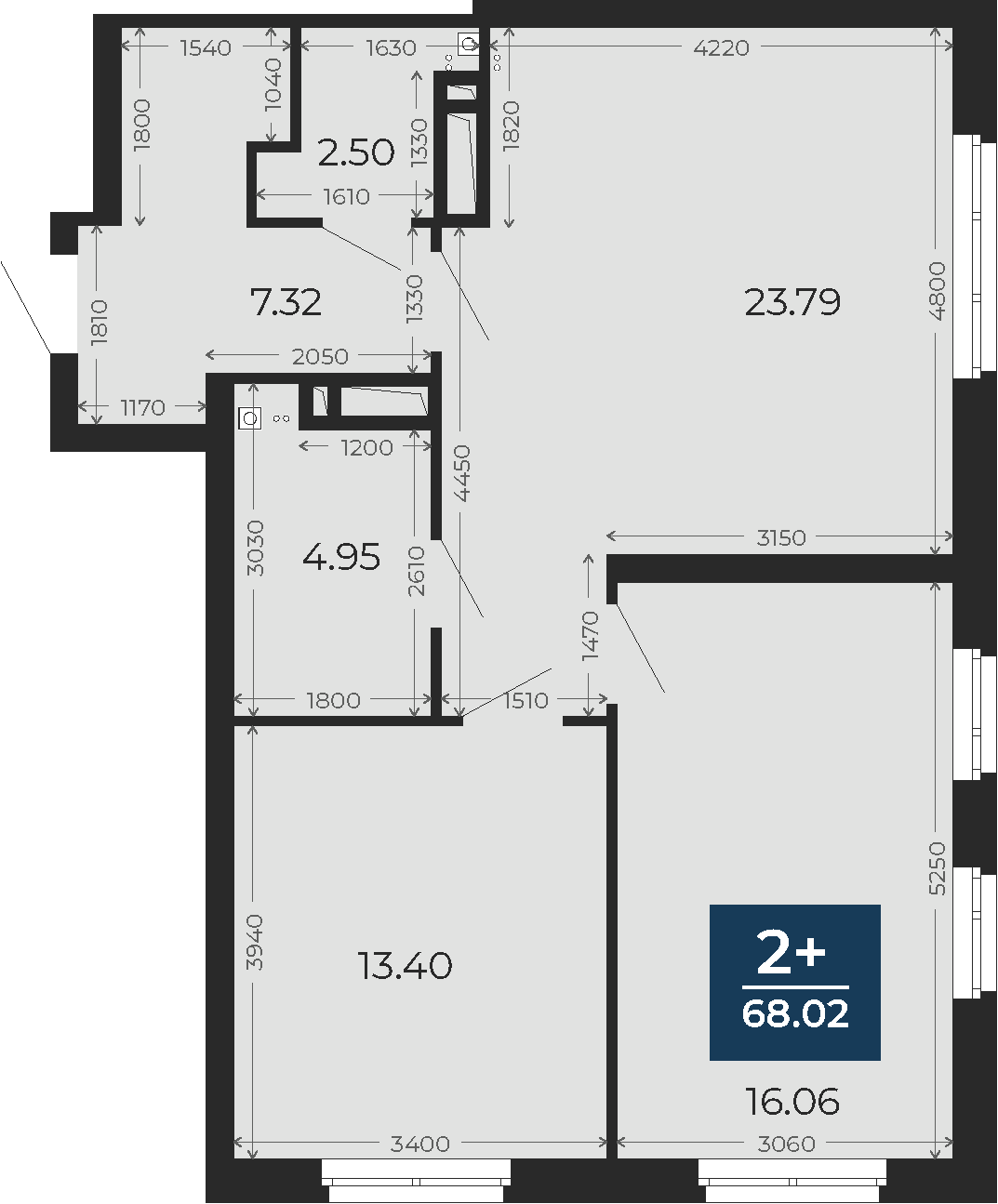 Квартира № 246, 2-комнатная, 68.02 кв. м, 19 этаж