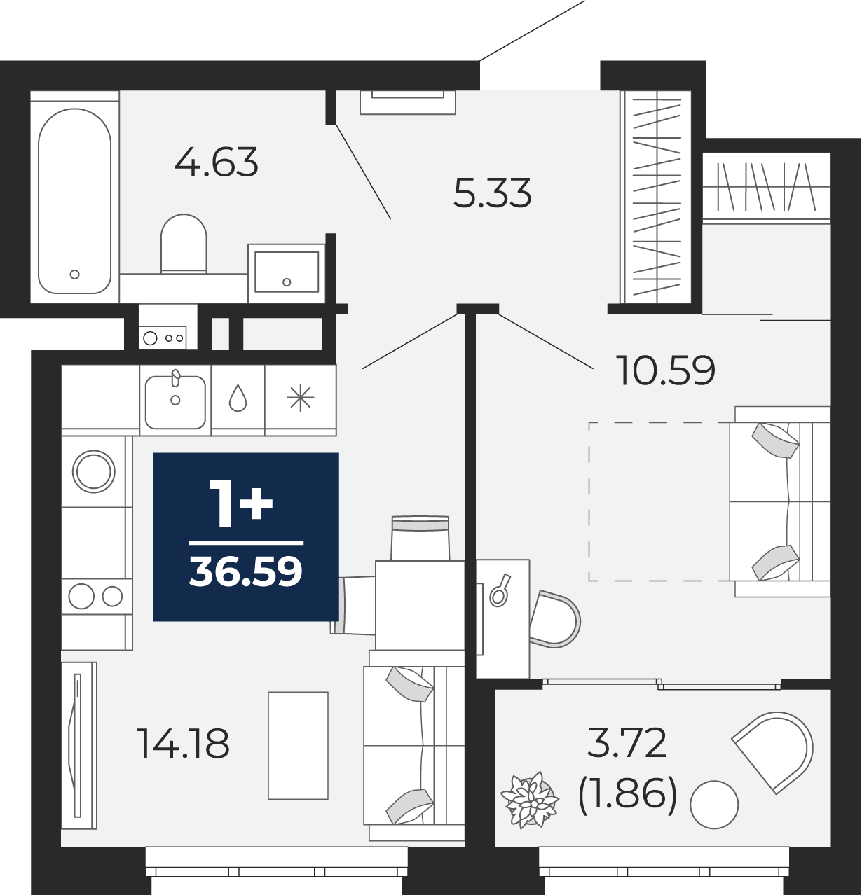 Квартира № 45, 1-комнатная, 36.59 кв. м, 3 этаж