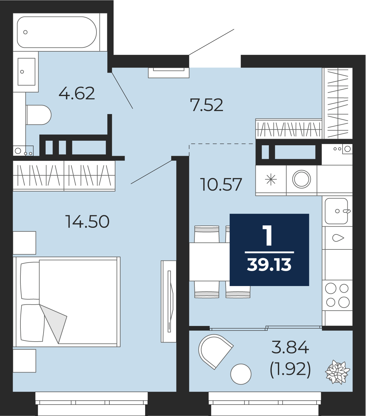 Квартира № 513, 1-комнатная, 39.13 кв. м, 15 этаж
