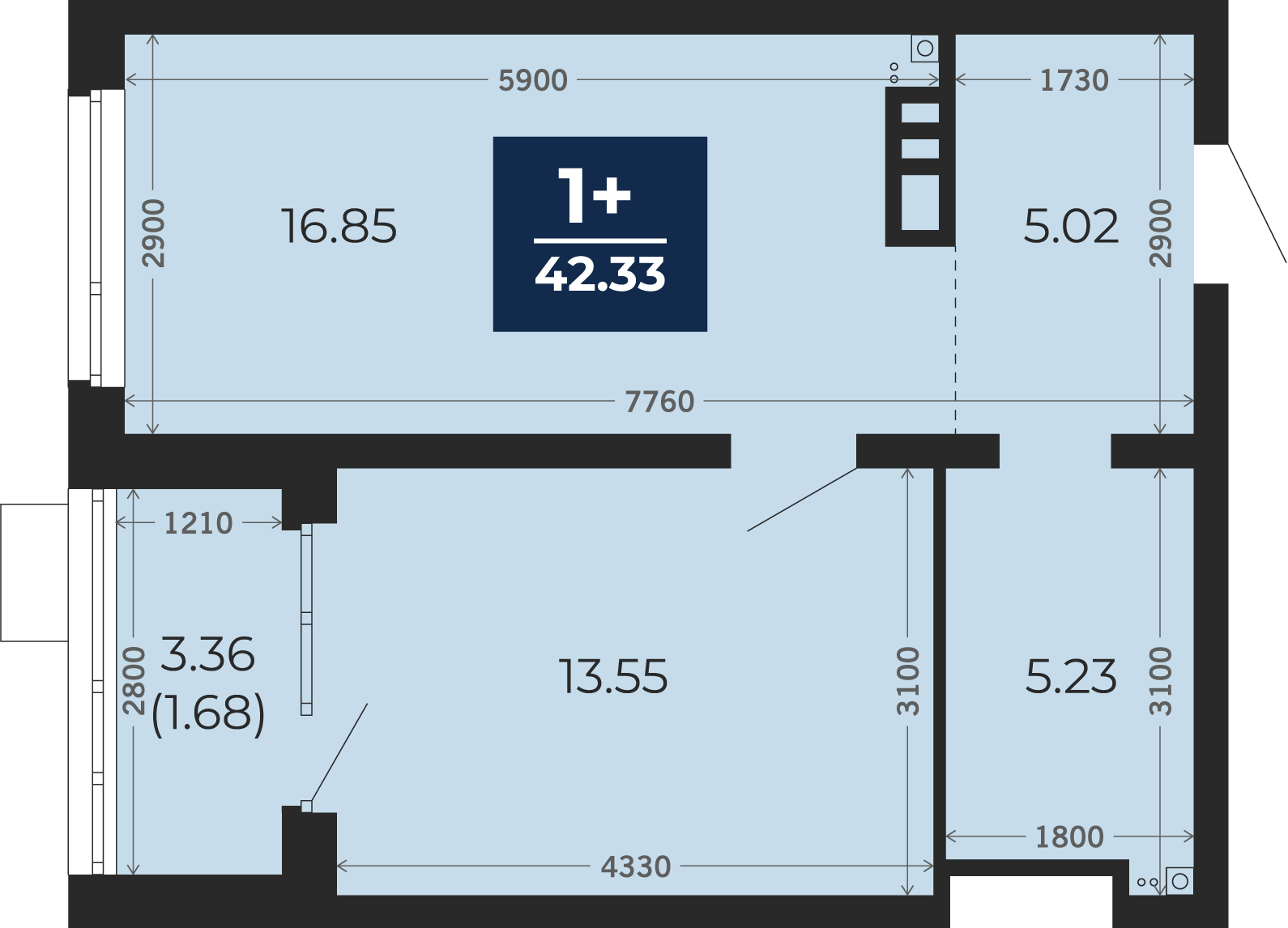 Квартира № 70, 1-комнатная, 42.33 кв. м, 10 этаж