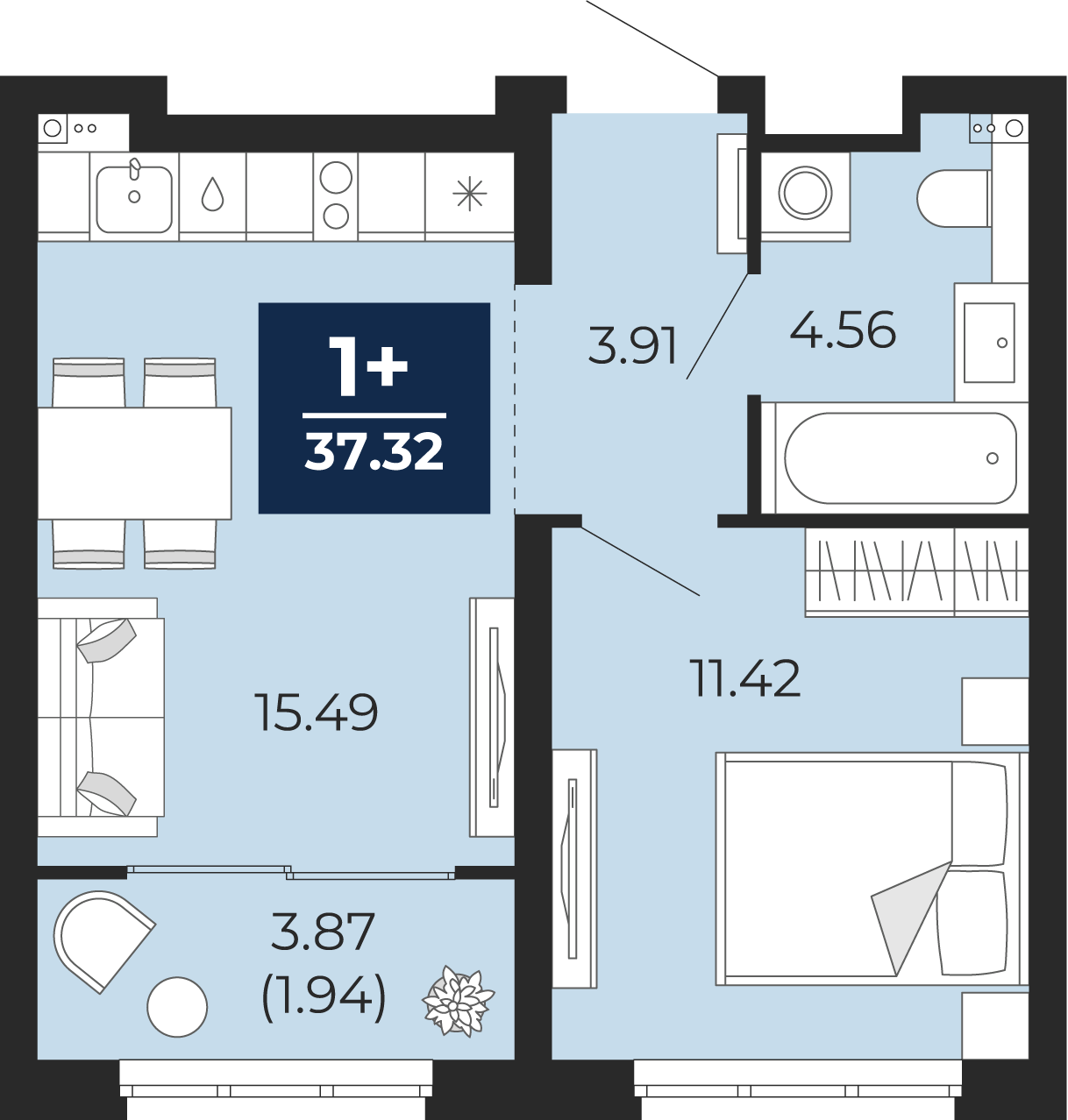 Квартира № 114, 1-комнатная, 37.32 кв. м, 13 этаж